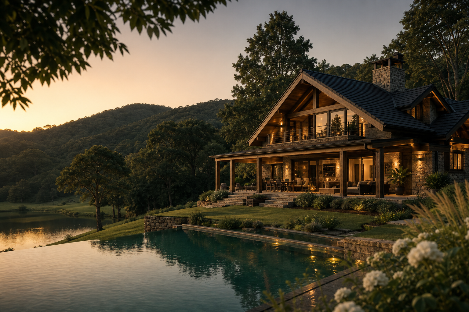 Chácara premium entre montanhas, árvores e piscina ao pôr do sol